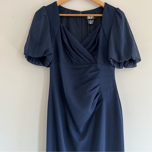 DKNY Women’s Cocktail Dress size 2 Navy Blue Full Length Pouf Sleeve Mermaid - Picture 2 of 15